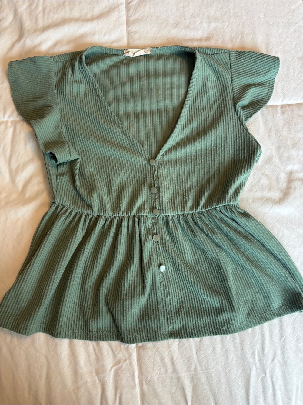Altar'd State Sage Green Ribbed V-Neck Peplum Button Top